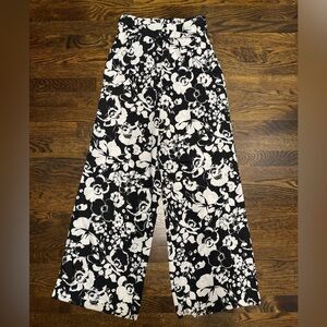 Mango Floral Black and White Wide-Leg Pants, Size: XS, Inseam: 32”